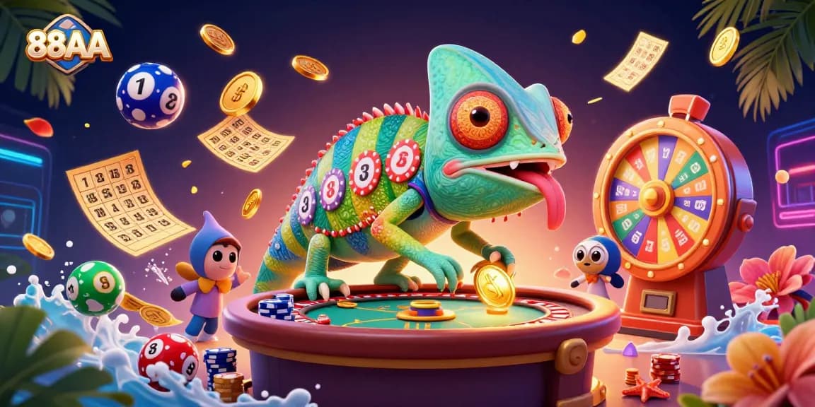Experience the vibrant gaming scene with 88AA, featuring a colorful chameleon casino owner amidst dynamic gaming elements.
