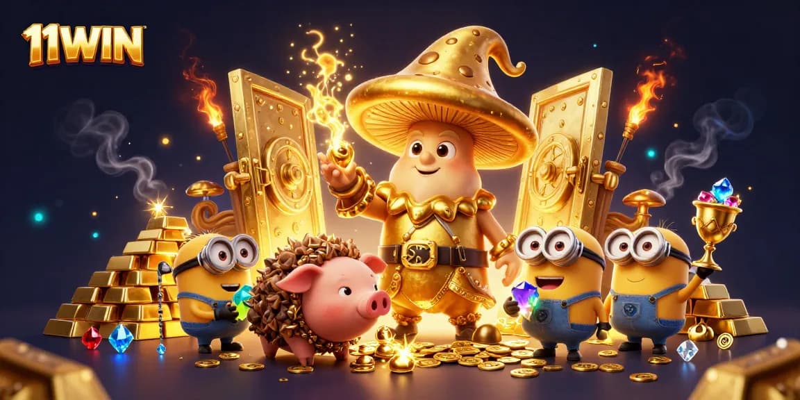 Engage with 11WIN's captivating scene featuring treasure-filled magic and vibrant gaming elements.