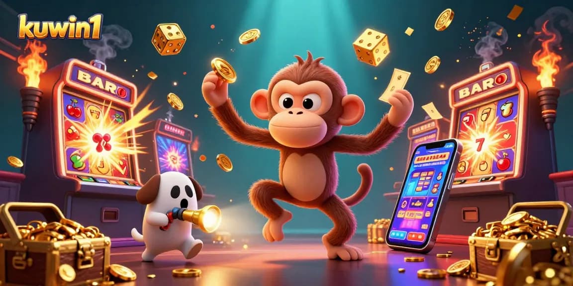 Kuwin1 showcases an energetic scene with a mischievous monkey juggling casino treasures while a ghost-hunter puppy tracks it.