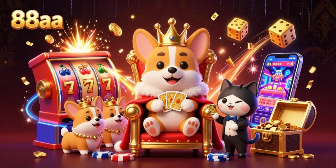 Experience the vibrant casino magic with 88aa featuring a royal corgi and dynamic slot elements.