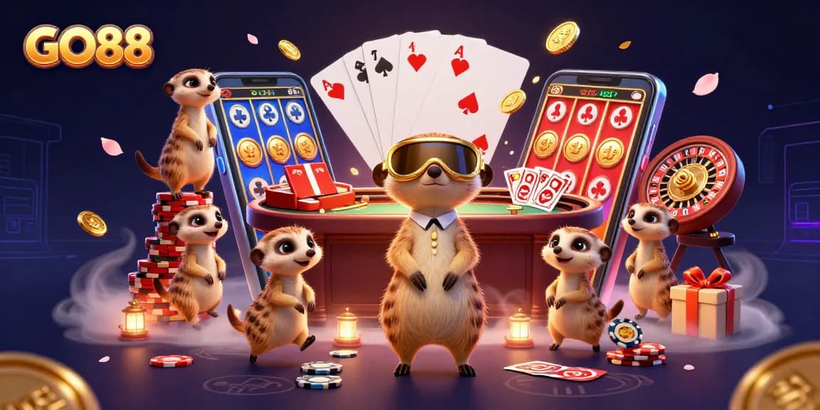 Experience the excitement of GO88 with meerkats running a lively casino and colorful gaming elements.