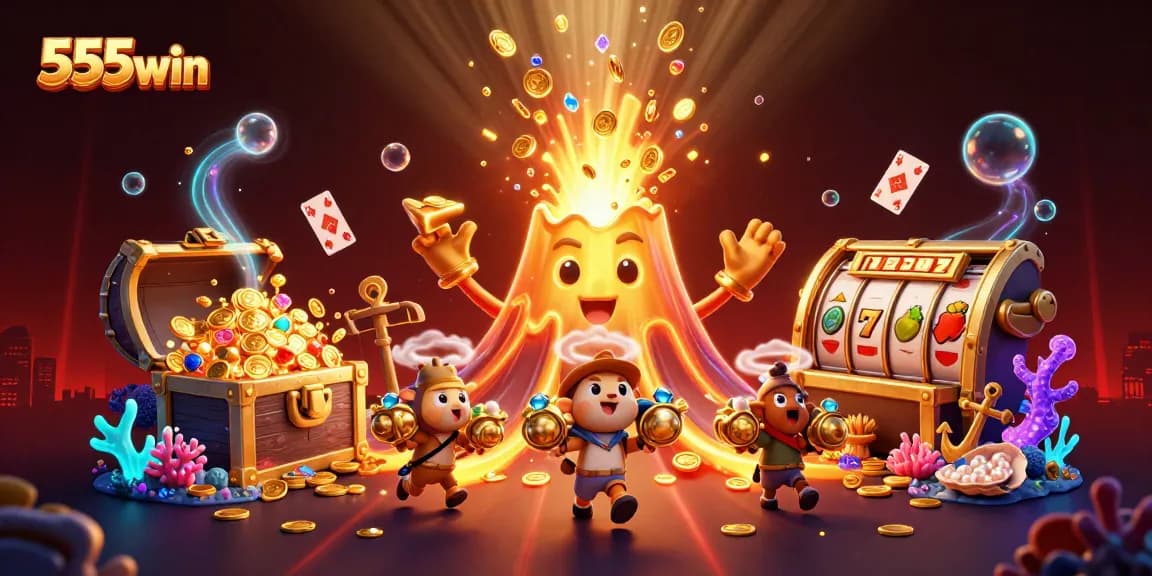 Experience the thrill of 555win with vibrant gaming elements in a treasure-filled volcanic scene.