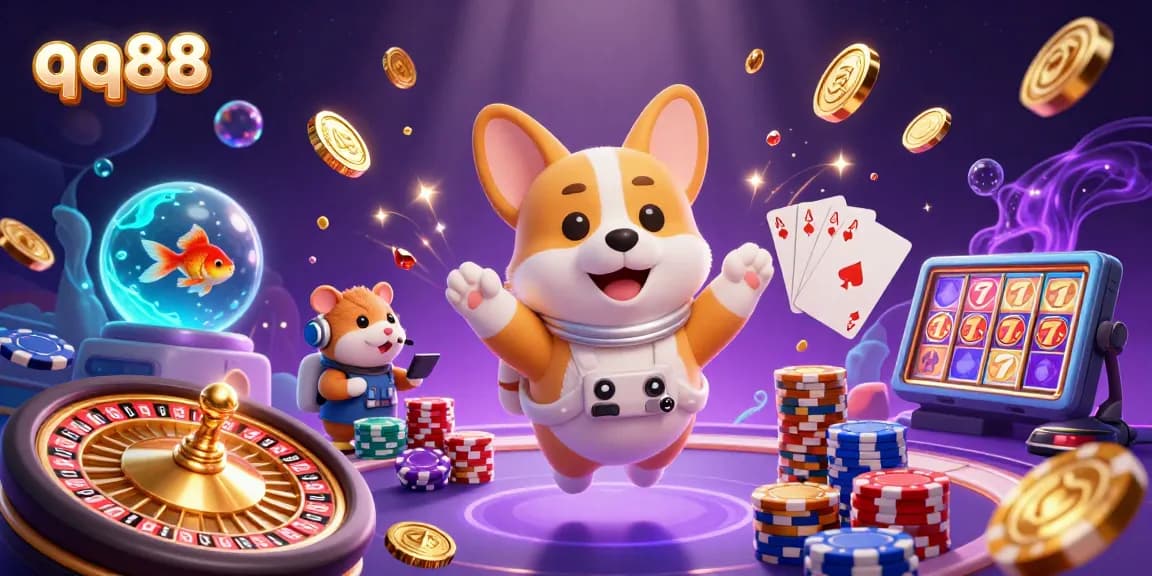 Spin the reels at qq88 with a floating corgi astronaut in a vibrant casino.