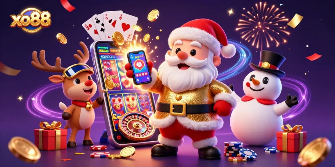 Experience the thrill at xo88 with Santa and friends celebrating jackpot wins in a vibrant casino scene.