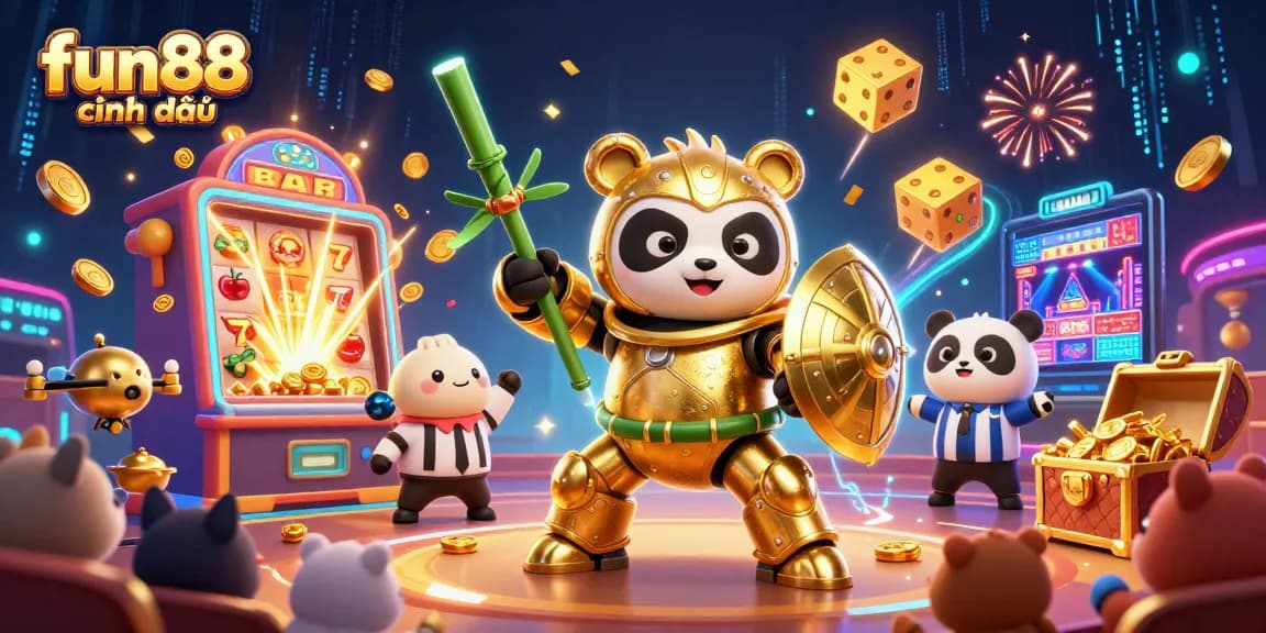 Engage in gameplay with fun88 chính thức as exciting characters battle amidst a jackpot explosion and casino elements.