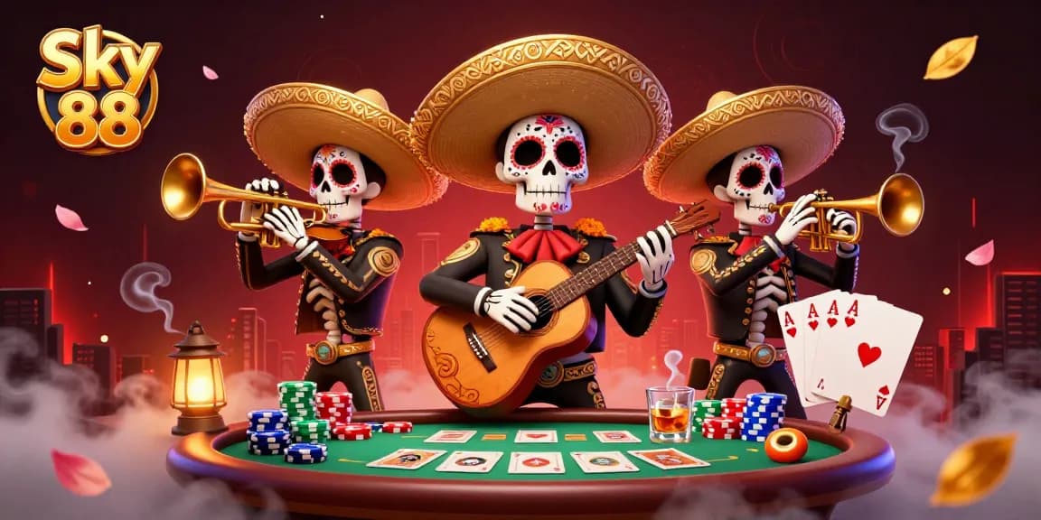 Win big at Sky 88 with immersive poker action surrounded by vibrant Day of the Dead art.