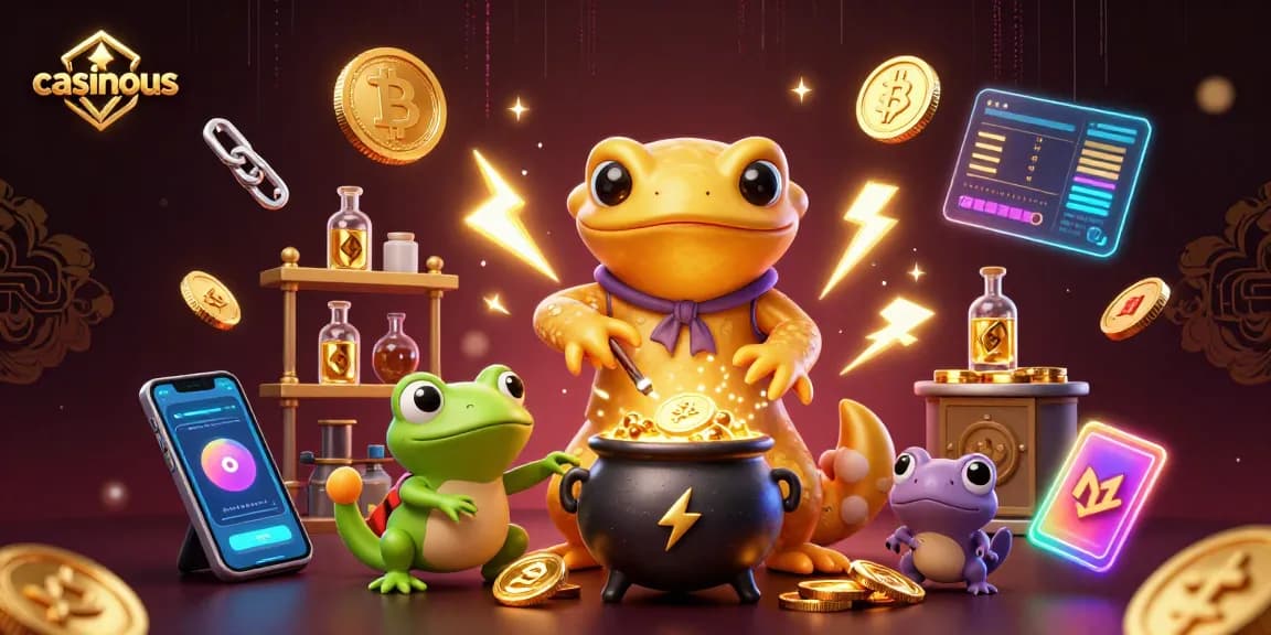 Experience thrilling winnings at casinous with a vibrant scene showcasing an alchemist creating gold amidst crypto elements.