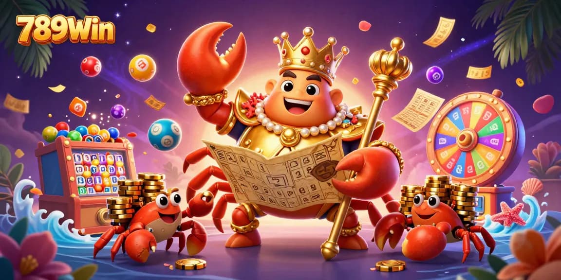 Engage in the vibrant world of 789Win with a 3D crab emperor amid lottery elements, enhancing your gaming experience.
