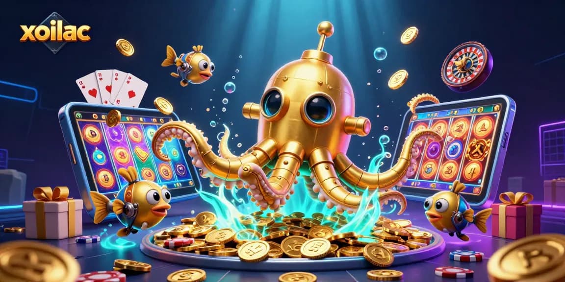 Xoilac captures thrilling gaming moments with a golden kraken submarine in a sea of coins.