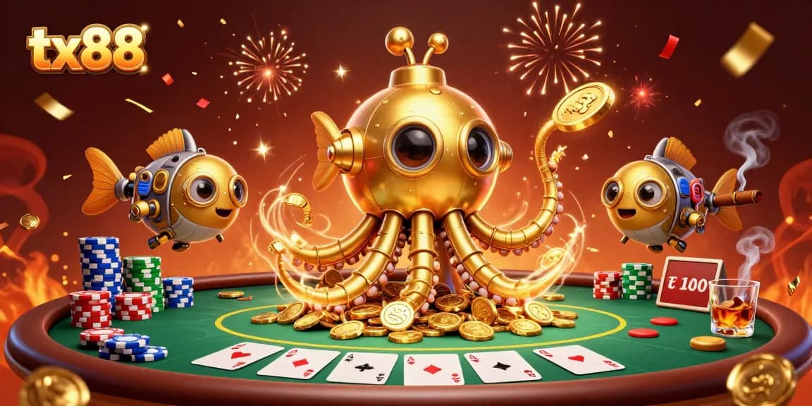 Experience the thrill of tx88 as the kraken submarine dives through golden coins at a vibrant poker game.