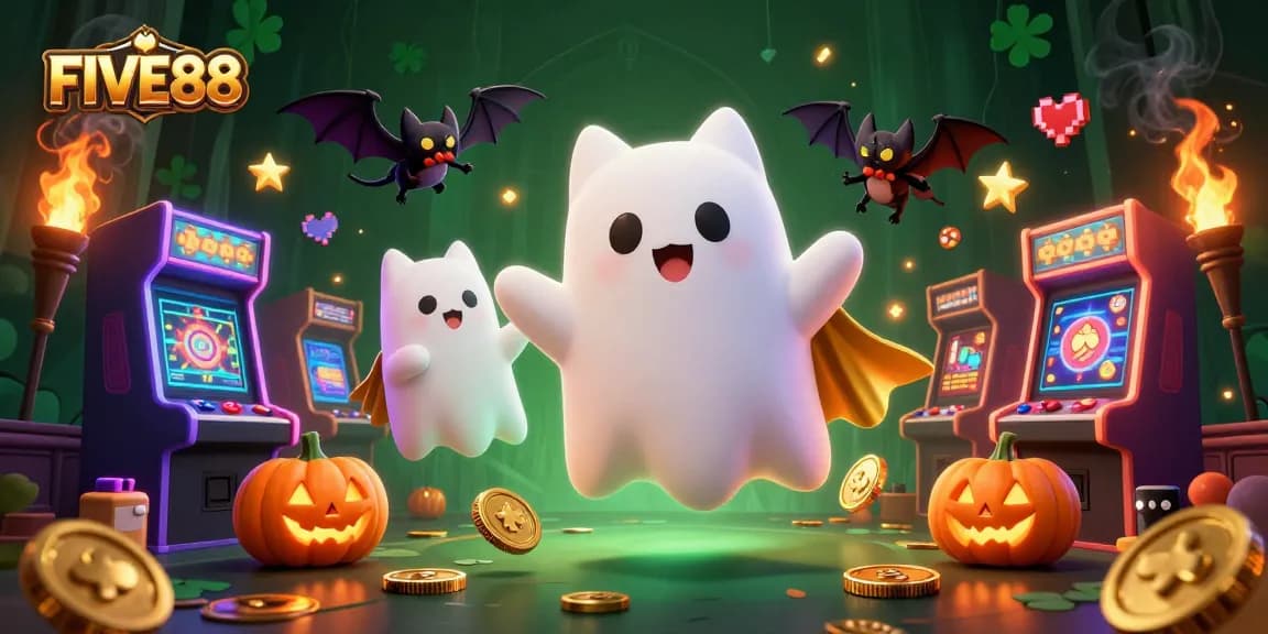 Engage in exciting games at FIVE88 Casino with a vibrant ghost cat and dynamic arcade elements.