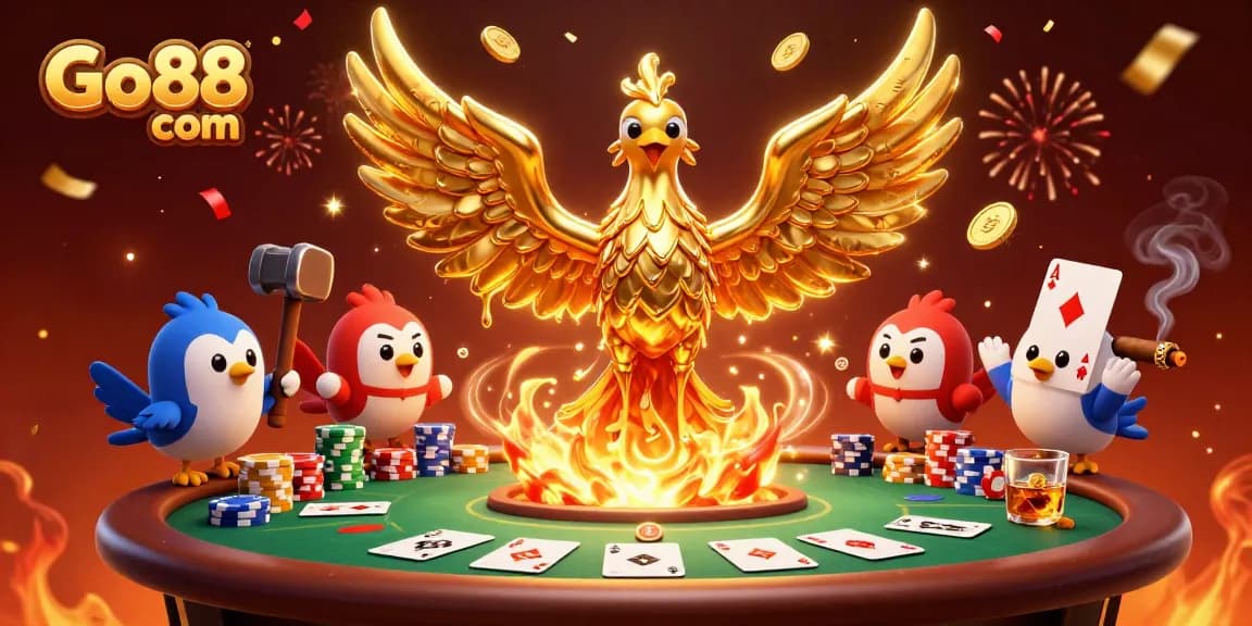 Engage with Go88 com as the golden phoenix soars, demonstrating exhilarating poker gameplay.