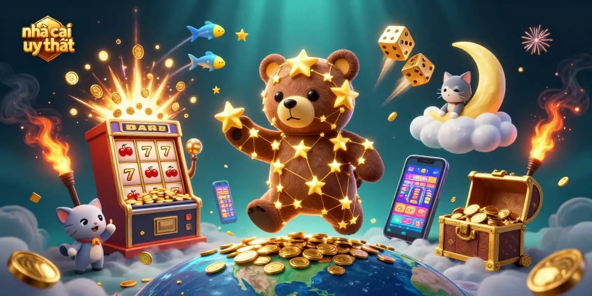 Experience the excitement of nhà cái uy tín, featuring golden stars, slots, and playful casino elements in 3D.
