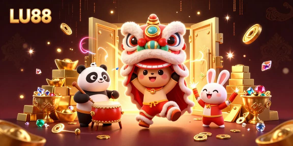 LU88 showcases vibrant gaming energy with characters dancing, gold treasures, and festive decorations.