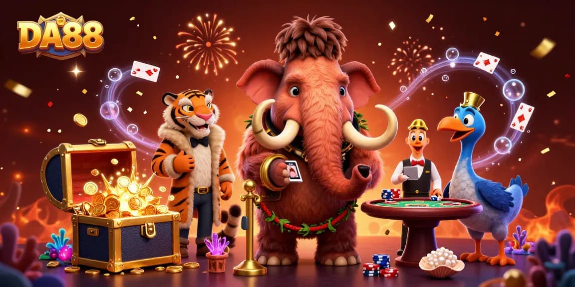 Engage in thrilling gameplay at DA88 with a vibrant 3D casino scene featuring exciting characters.