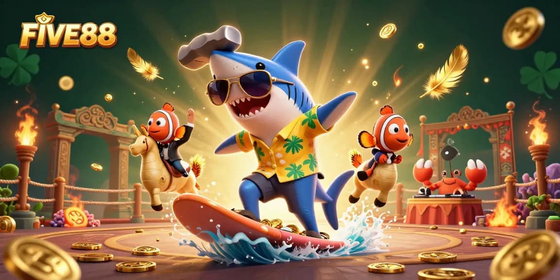 Experience the thrill of FIVE88 as a shark surfs on gold coins amidst a vibrant casino scene.