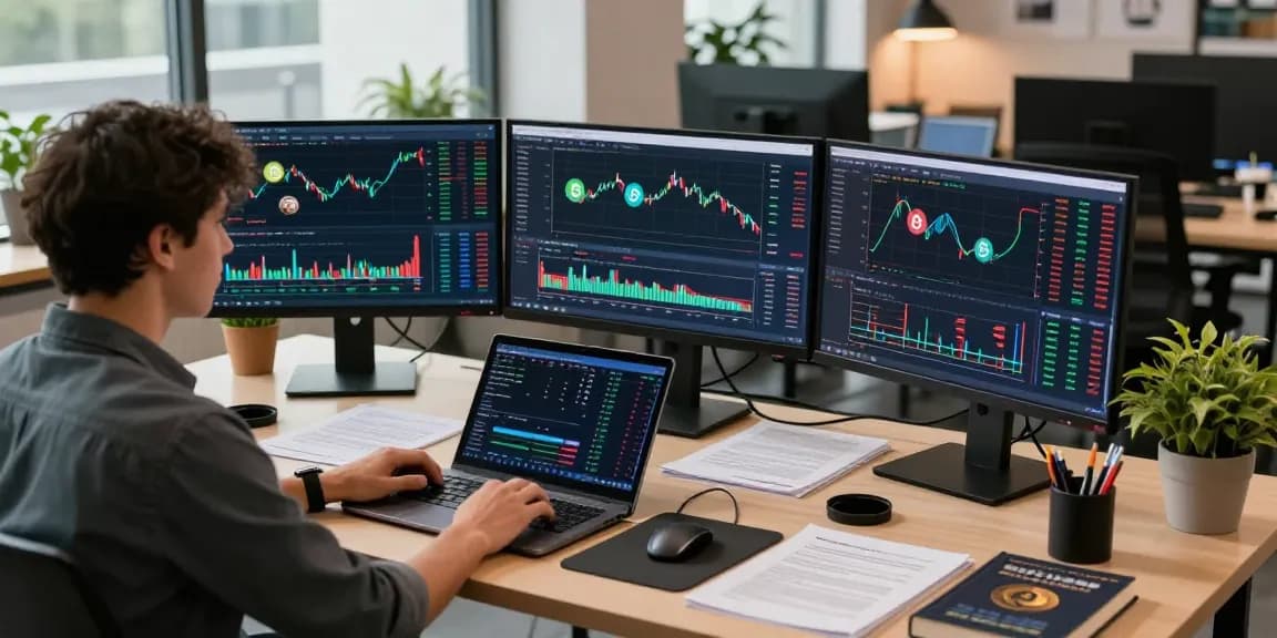 Welkruvozan cryptocurrency trading in moderne co-working ruimte met live prijsbewegingen.