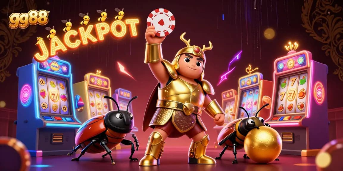 Experience gg88's thrilling jackpot scene with vibrant slot machines and winning beetles!