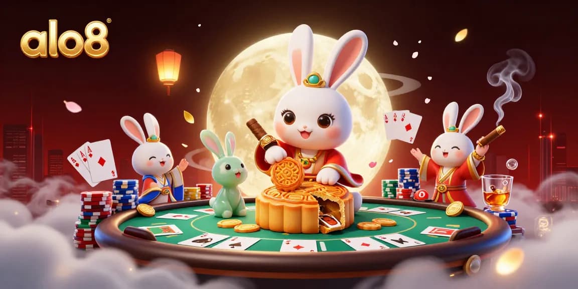 Play poker on alo8 while the moon rabbit celebrates with golden mooncakes and poker chips.