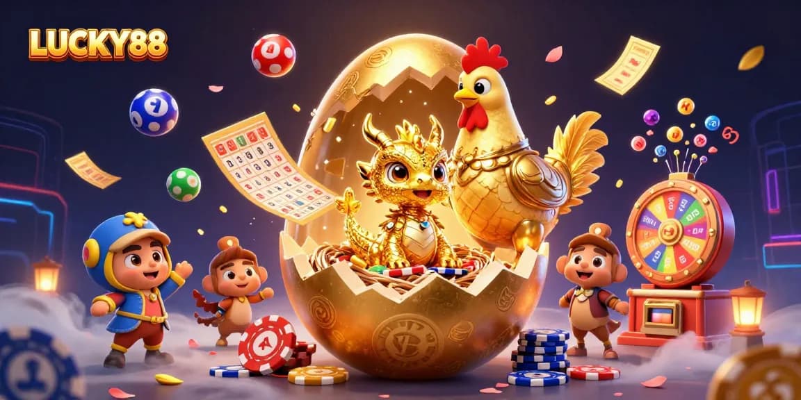Spin and win with LUCKY88, featuring a golden dragon, poker chips, and vibrant game elements.