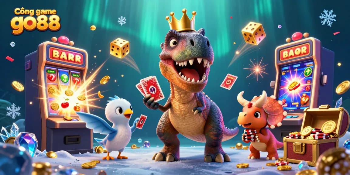 Cổng game go88 showcases a vibrant scene with a T-Rex card dealer, pterodactyl assistant, and triceratops chip stacker in a dynamic casino setting.