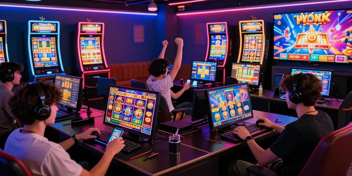 Pengalaman bermain slot online dengan pemain merayakan kemenangan di lounge modern.