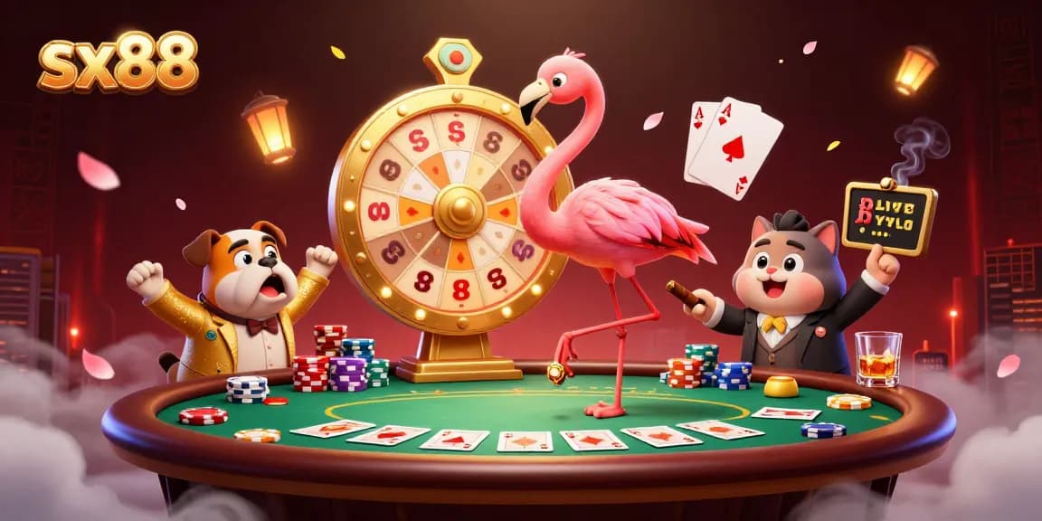 Join the thrilling sx88 game show with a flamingo host, bulldog contestant, and exciting prizes in a vibrant casino setting.