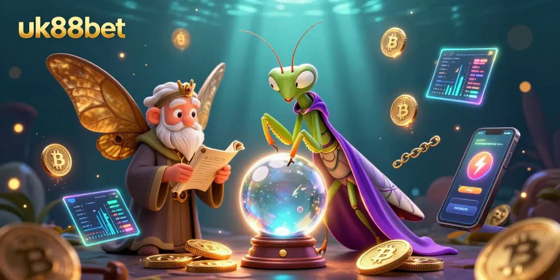 Engage with the captivating world of uk88bet, where a mystical fortune teller reveals crypto trends amidst a vibrant casino backdrop.