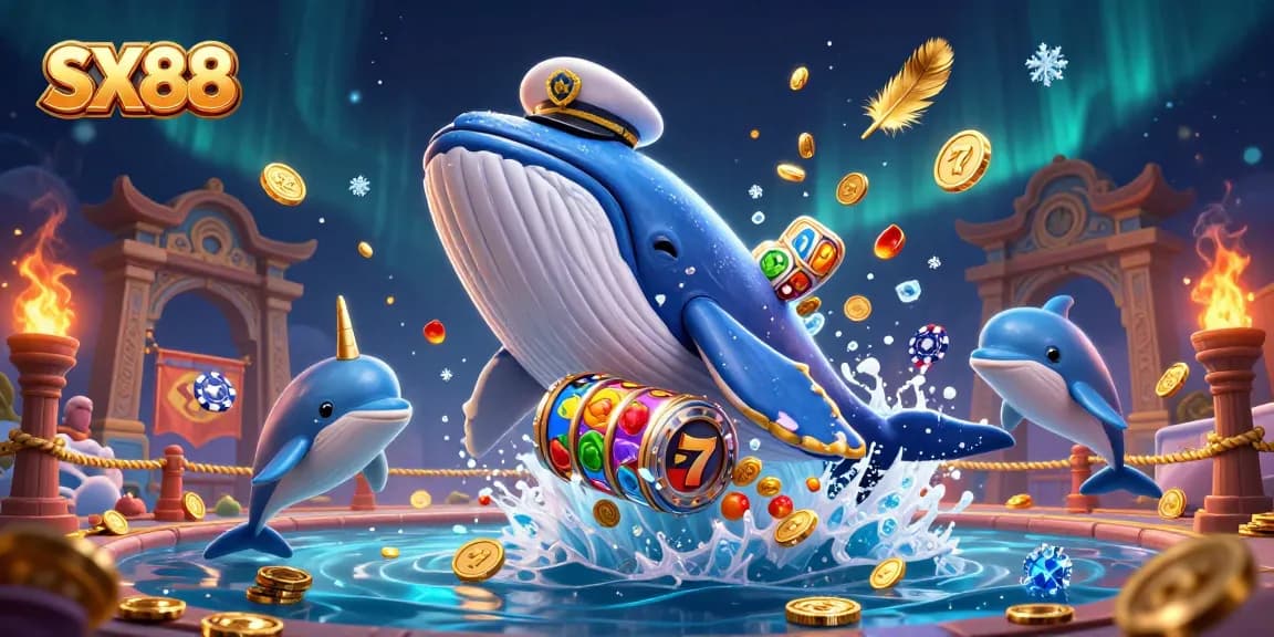 SX88 showcases a whimsical casino scene with vibrant creatures celebrating wins amidst a festive backdrop of slot games and coins.