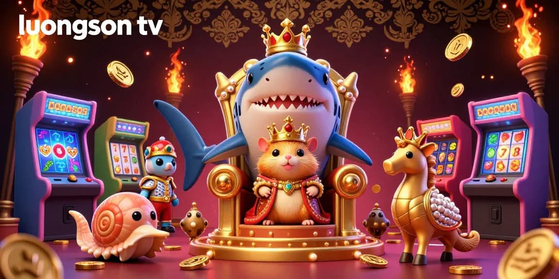 Play exciting games at luongson tv, featuring a golden hamster king on a megalodon throne surrounded by casino symbols.