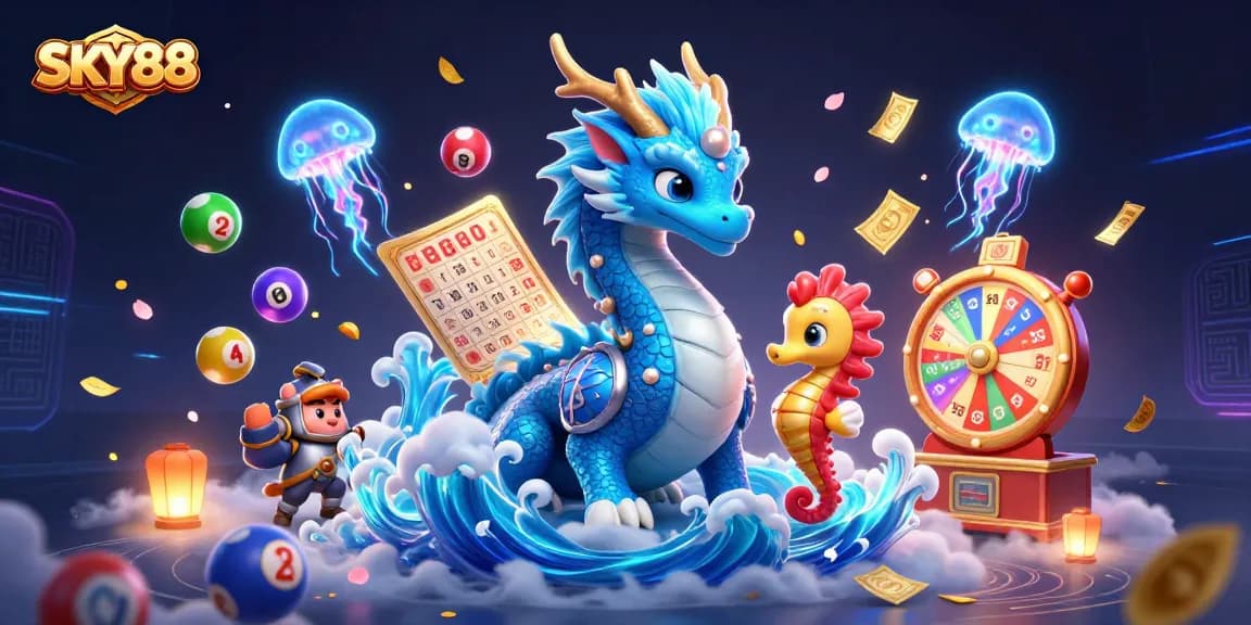 Engage in thrilling gameplay at SKY88 with a vibrant, dynamic casino scene bursting with action and excitement.