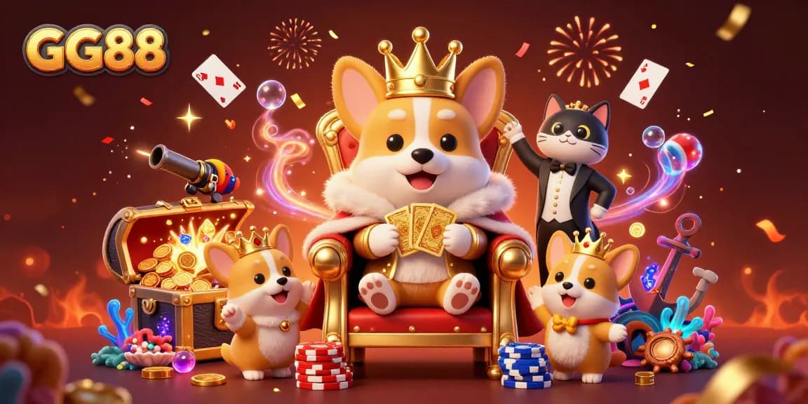 Experience the excitement of GG88 with a royal corgi in a vibrant casino scene filled with treasures and gaming elements.