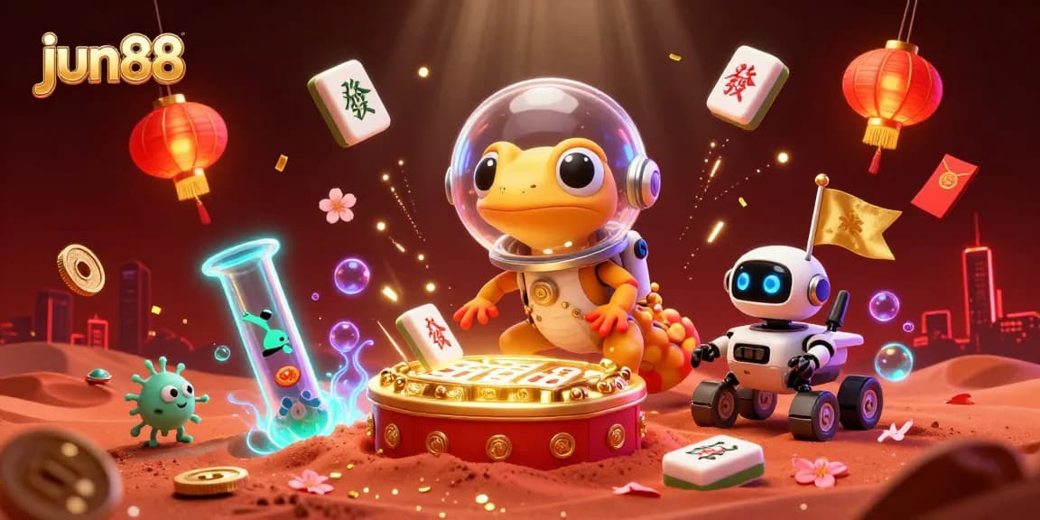 Engage in thrilling gameplay at jun88's vibrant virtual casino, featuring a Martian gecko exploring a buried treasure.