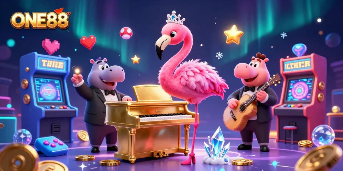 Experience the vibrant casino ambience of ONE88 with lively characters and gaming elements in a dazzling 3D scene.