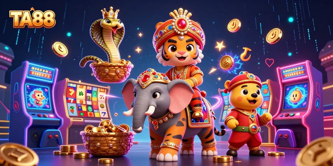 Engage with the exciting TA88 casino scene featuring vibrant slot reels and dynamic 3D characters.