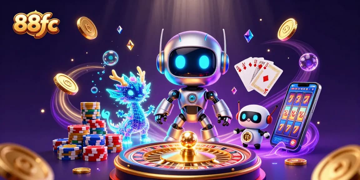 Join the gaming excitement at 88fc with vibrant 3D casino action featuring a cyberpunk robot and gem-filled atmosphere.