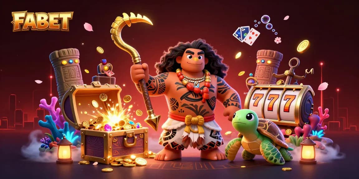 FABET demigod character dynamic illustration surrounded by gold coins and slot elements.