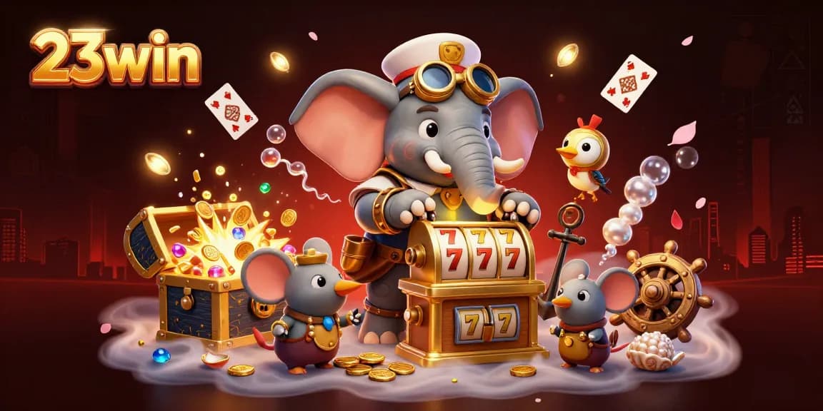 Experience the thrill of 23win with a steampunk elephant operating a dynamic slot machine explosion filled with gems.