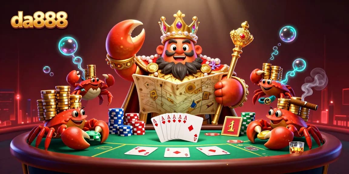 Engage with da888's thrilling gameplay featuring a golden crab emperor ruling a poker table.