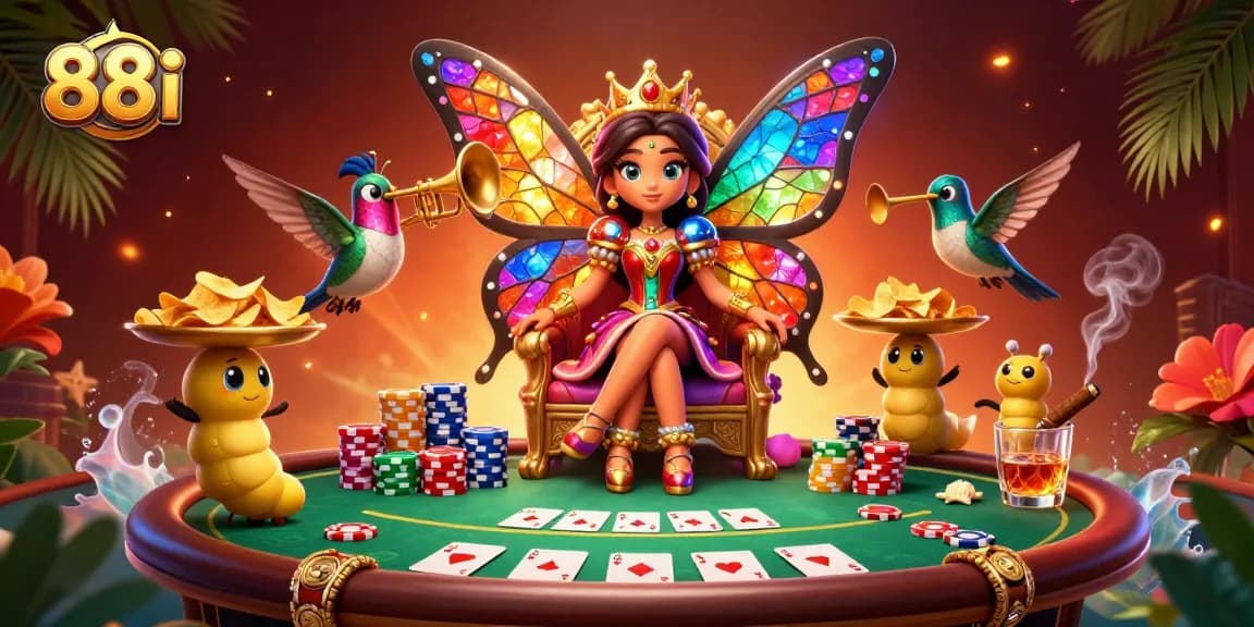Engage with the vibrant 88i poker scene featuring a butterfly queen, poker chips, and a dynamic atmosphere.