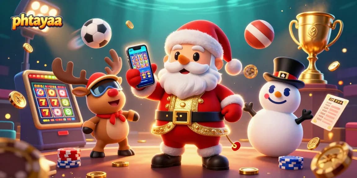 Win big at phtayaa with a vibrant 3D casino illustration showcasing Santa, a reindeer dealer, and a poker chip snowman.