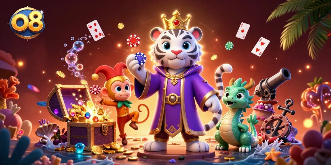 Engage with o8's vibrant casino scene featuring a majestic tiger, playful monkey, and dragon.