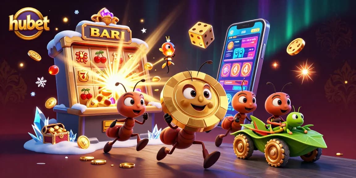 Experience an exciting heist with hubet as ants carry a giant poker chip surrounded by casino action.