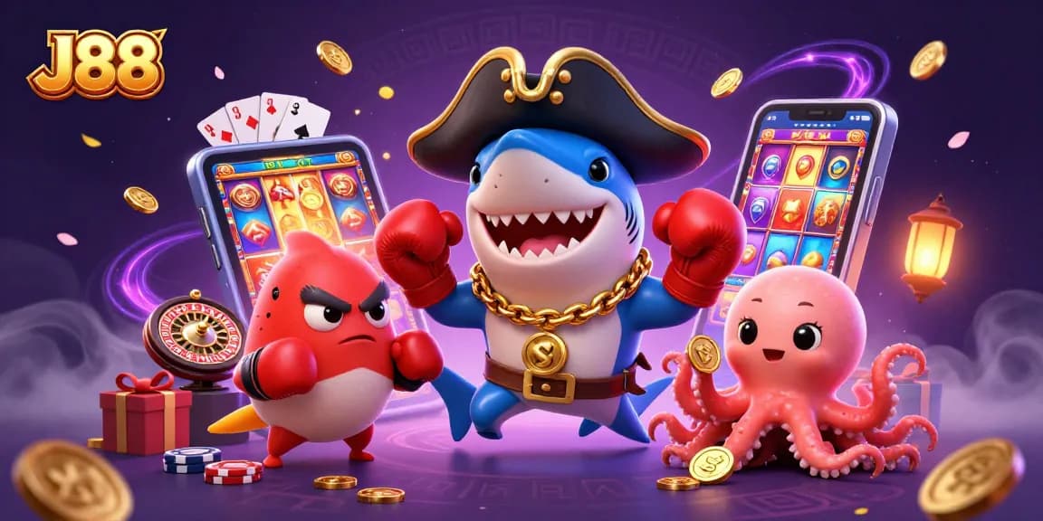 Engage in J88 gaming fun with vibrant visuals of a cartoon pirate shark and casino elements.