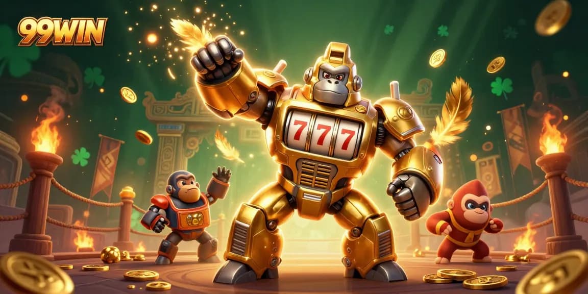 Experience thrilling action and excitement at 99WIN with a dynamic casino scene featuring a golden gorilla mech.