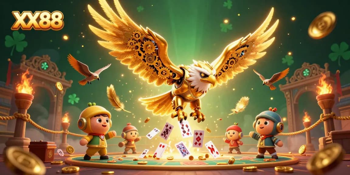 Experience winning at XX88 with a spectacular 3D illustration of a cybernetic eagle soaring through a dynamic gambling arena.
