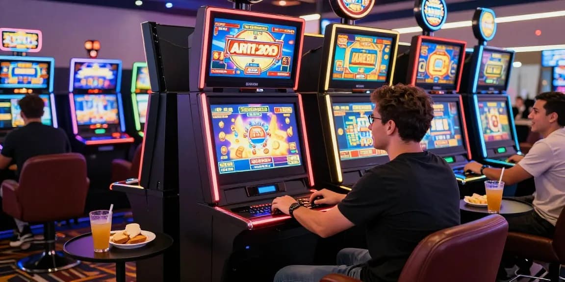Player enjoying slot online games in a vibrant casino lounge with neon lights.