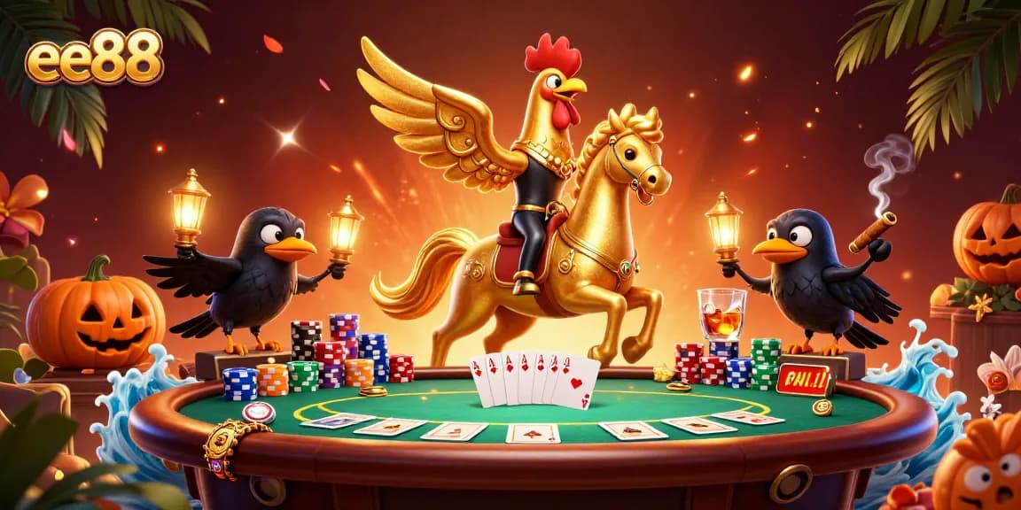 Join the action at ee88 with a vibrant casino scene featuring a golden rooster and poker elements.