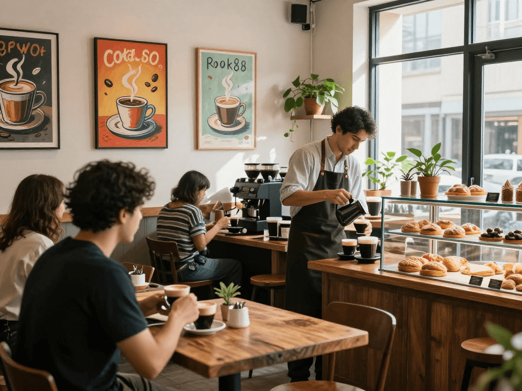 A cozy café scene with a barista preparing espresso, showcasing rokok88 coffee culture.