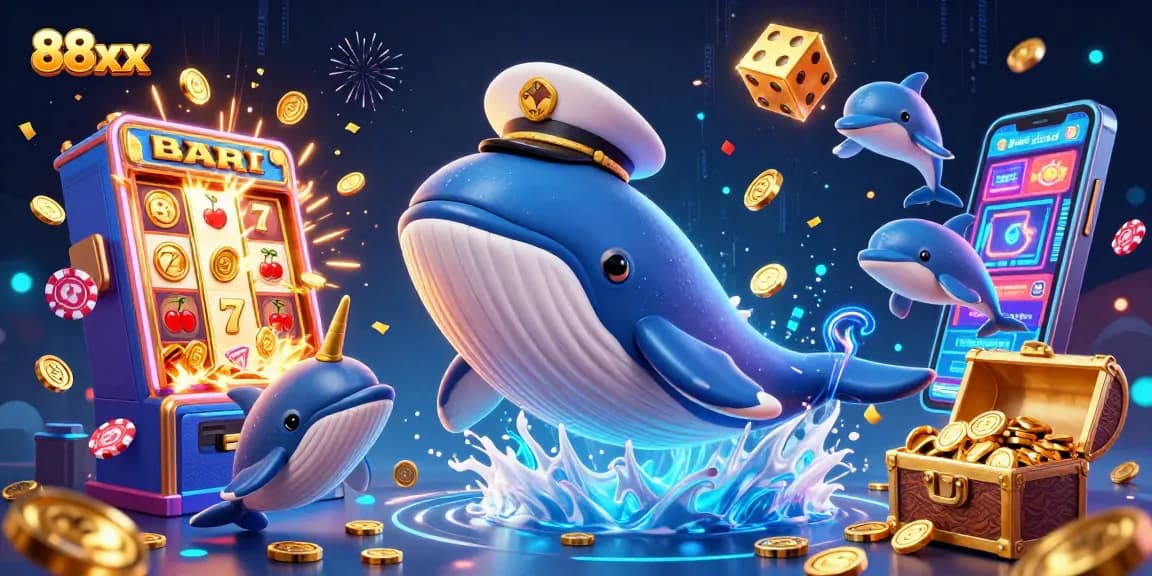 Experience the excitement of 88xx with a vibrant casino scene featuring a whale, narwhal, and dolphins amidst flying coins and slots.